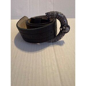 Black Leather Belt with Ornate Silver Buckle Length 35 1/2"